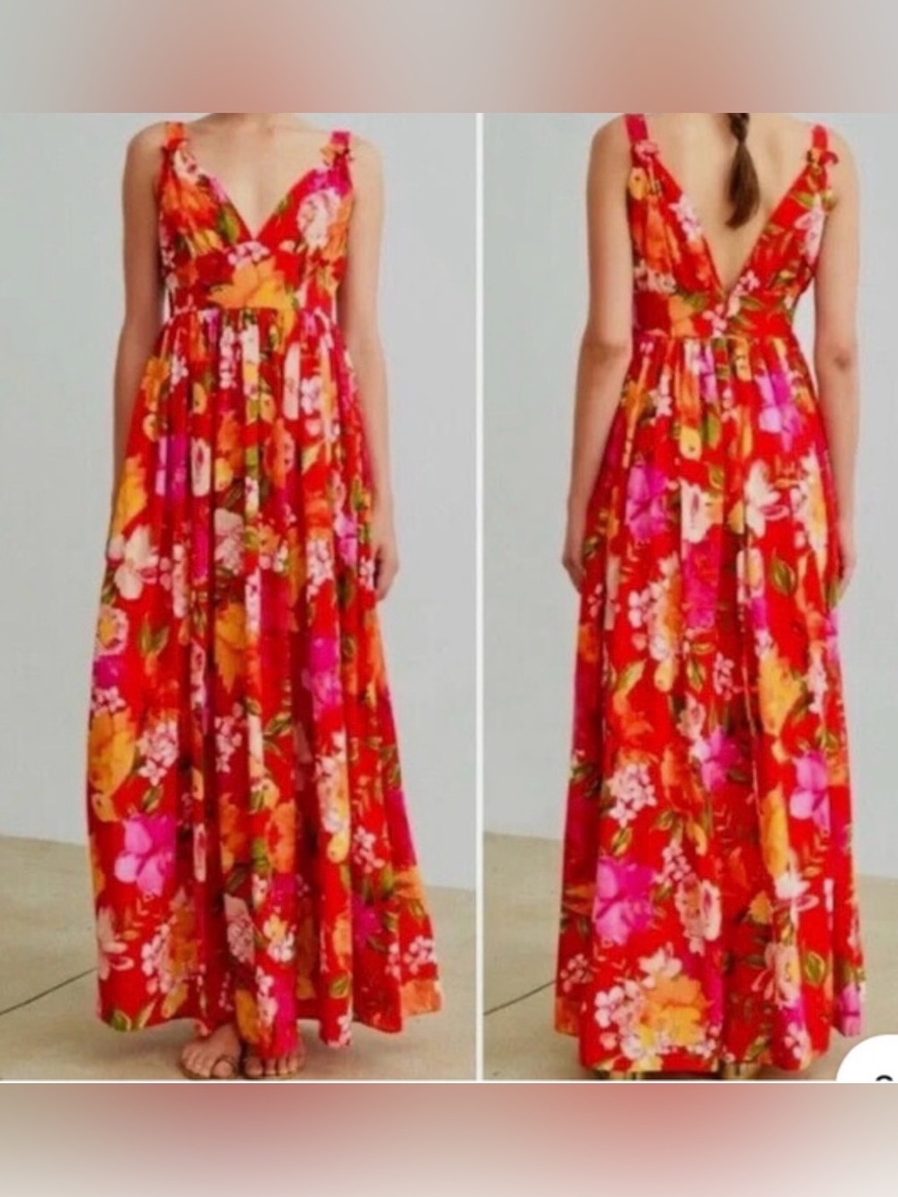 Ronny Kobo Sallee maxi dress red tropical floral print with a deep V-neckline - Picture 3 of 13